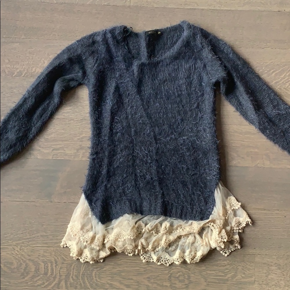 LF Fuzzy Navy Sweater with Lace Details